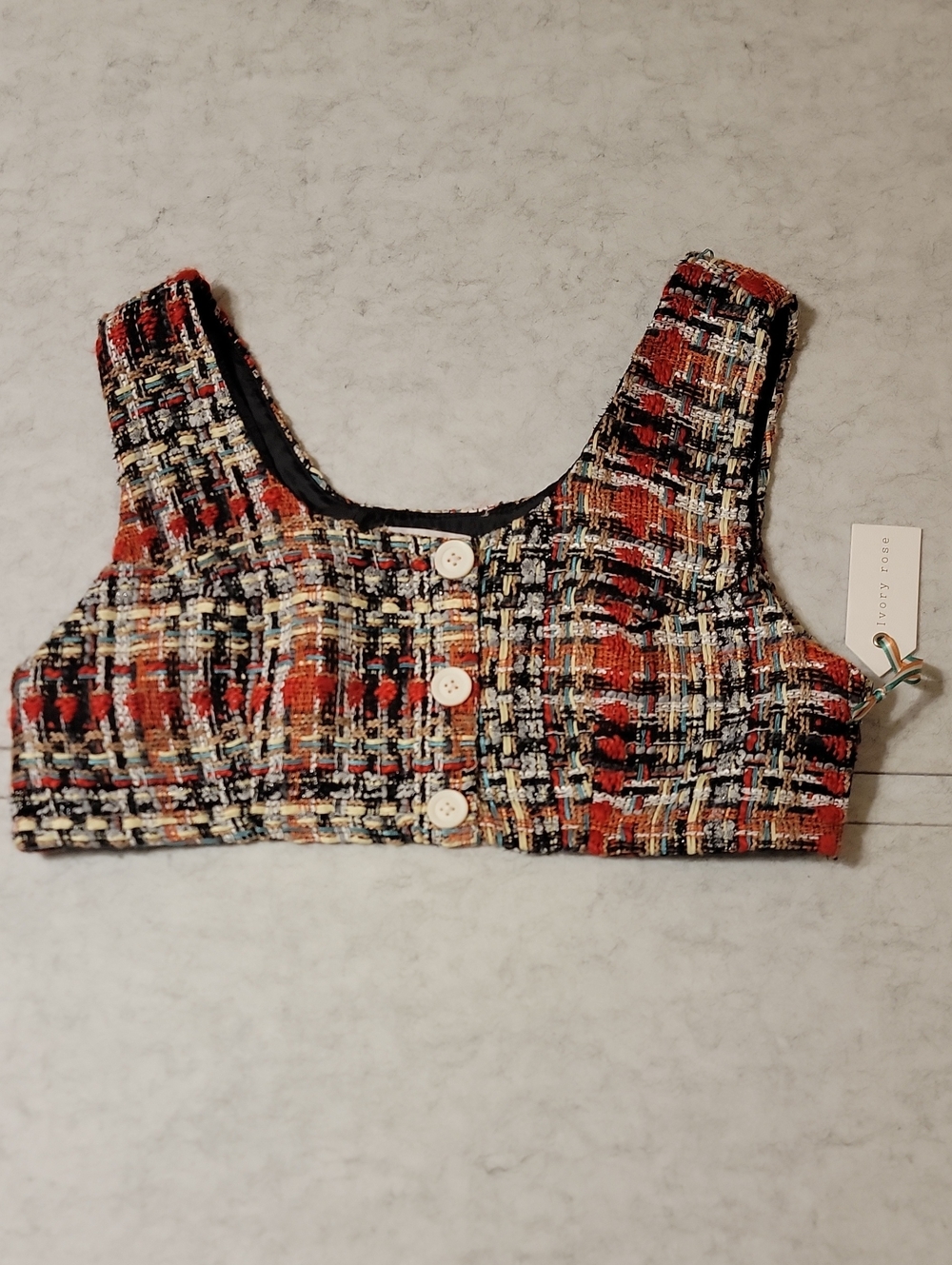 Ivory Rose Tweed Cropped Bralette Top NWT Large Multicolor Plaid Button